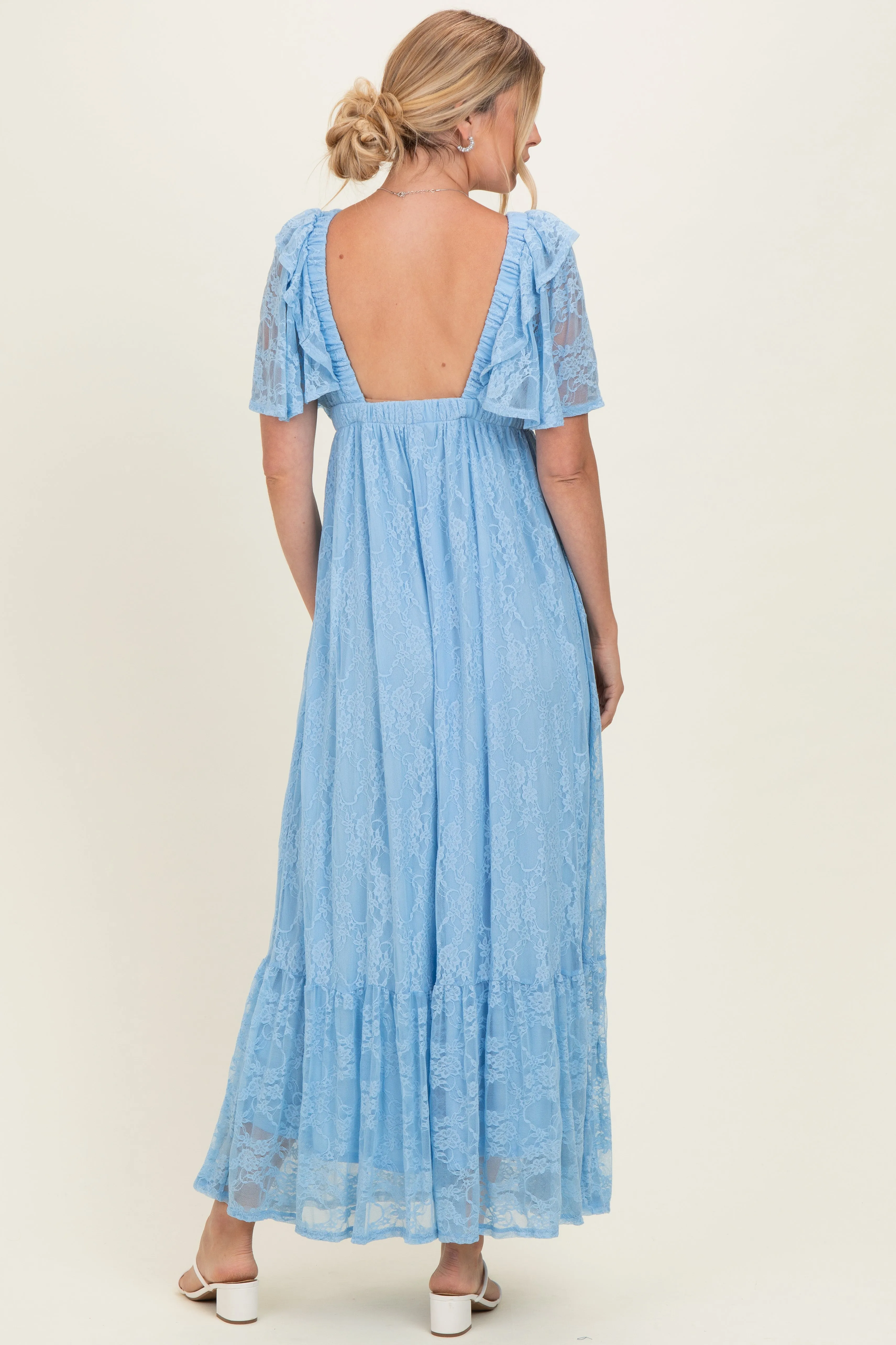 Light Blue Lace Flutter Sleeve Tiered Maxi Dress sold by Pinkblush product image thumbnail 3