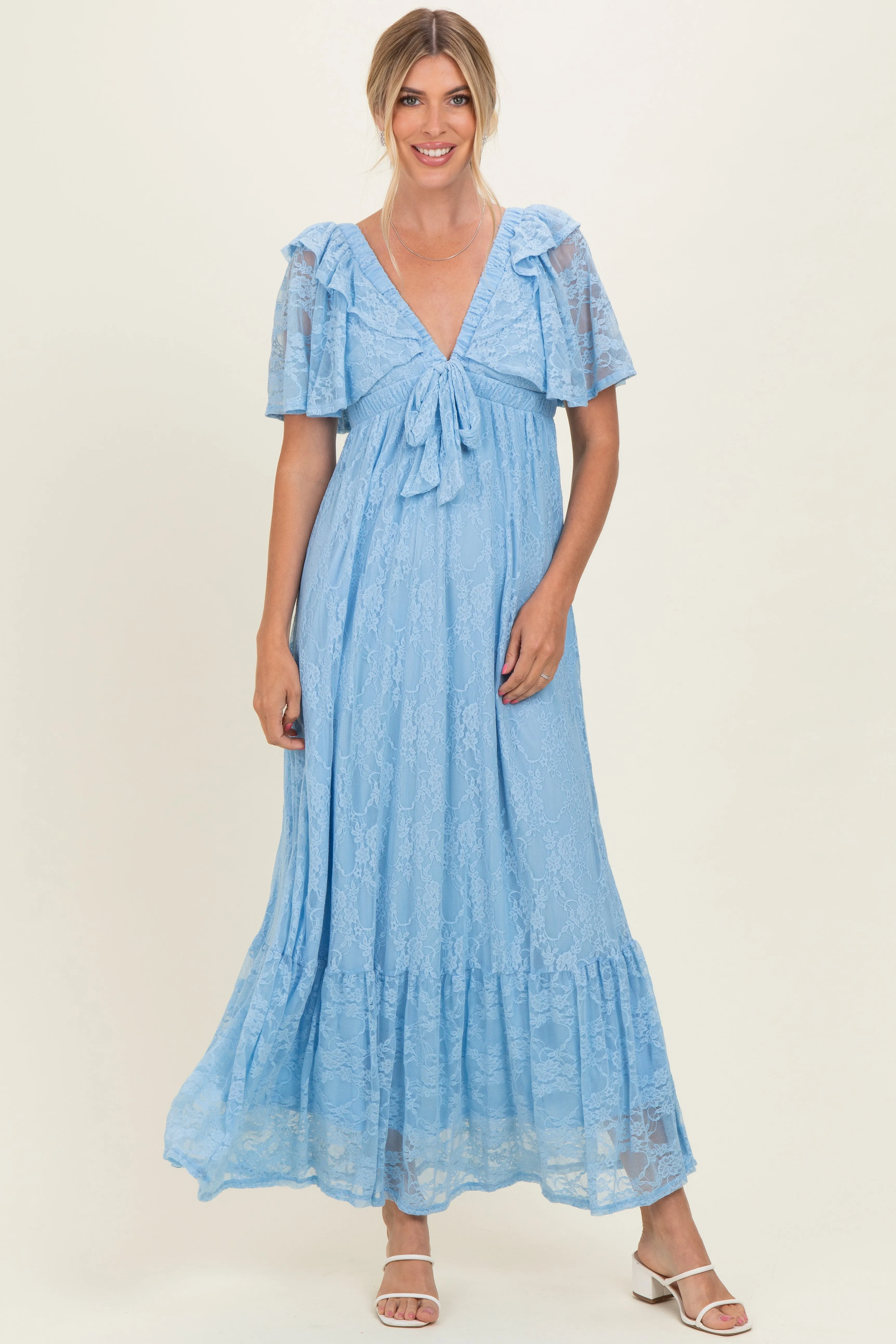 Light Blue Lace Flutter Sleeve Tiered Maxi Dress sold by Pinkblush