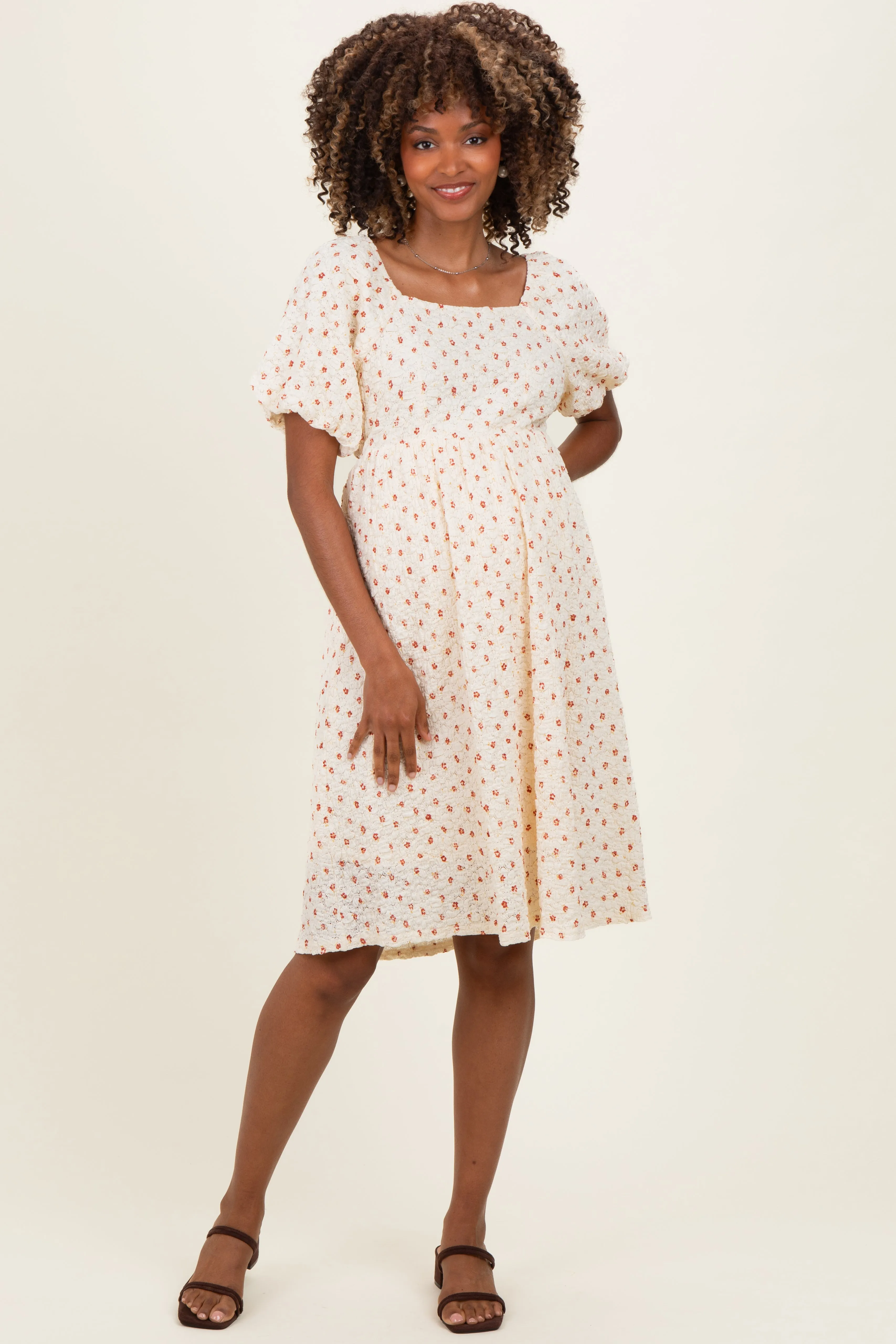 Cream Floral Textured Knit Maternity Midi Dress sold by Pinkblush