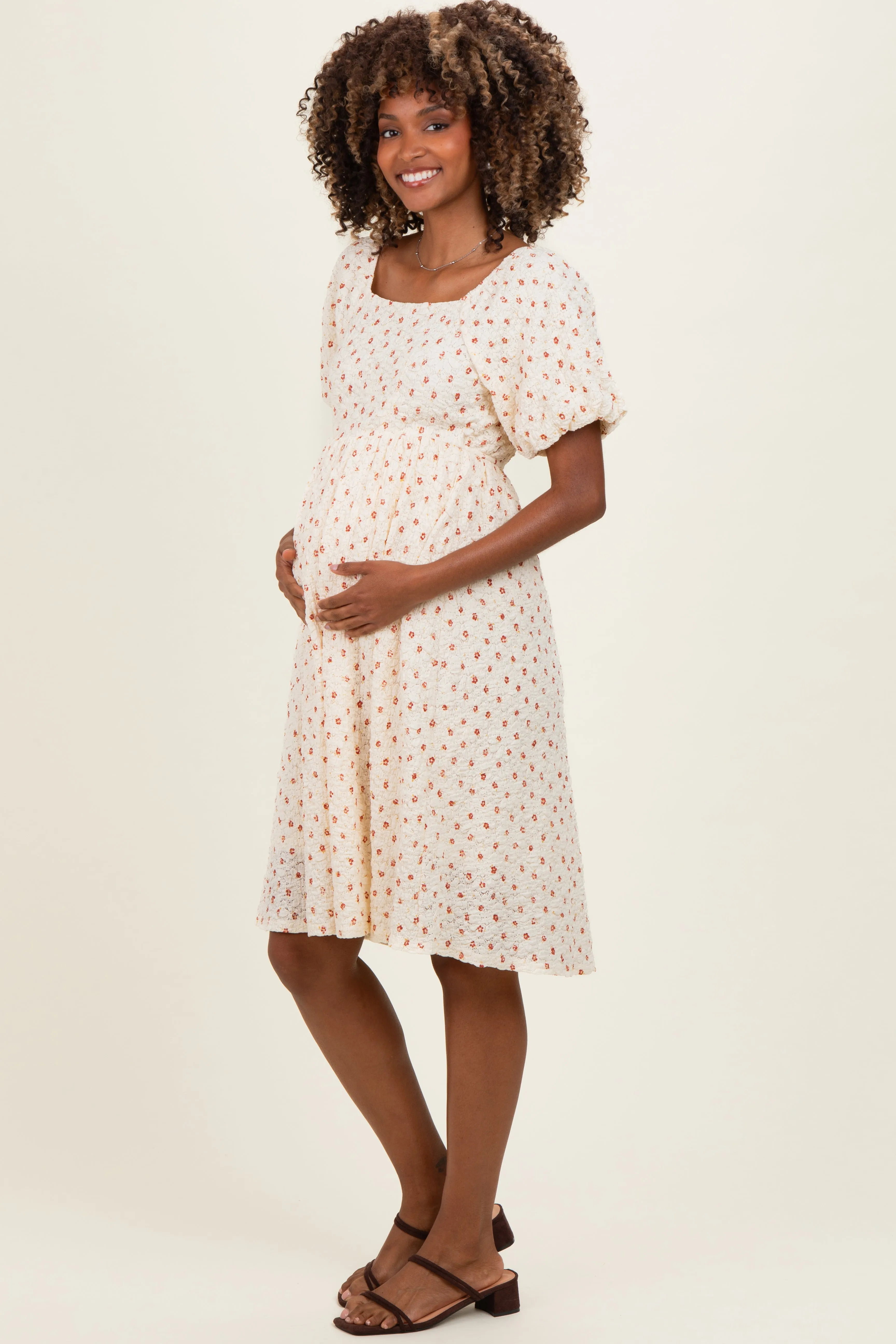 Cream Floral Textured Knit Maternity Midi Dress sold by Pinkblush product image thumbnail 2