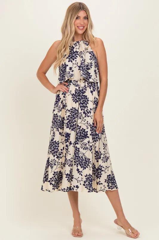 Navy Floral Flounce Halter Midi Dress made by Pinkblush