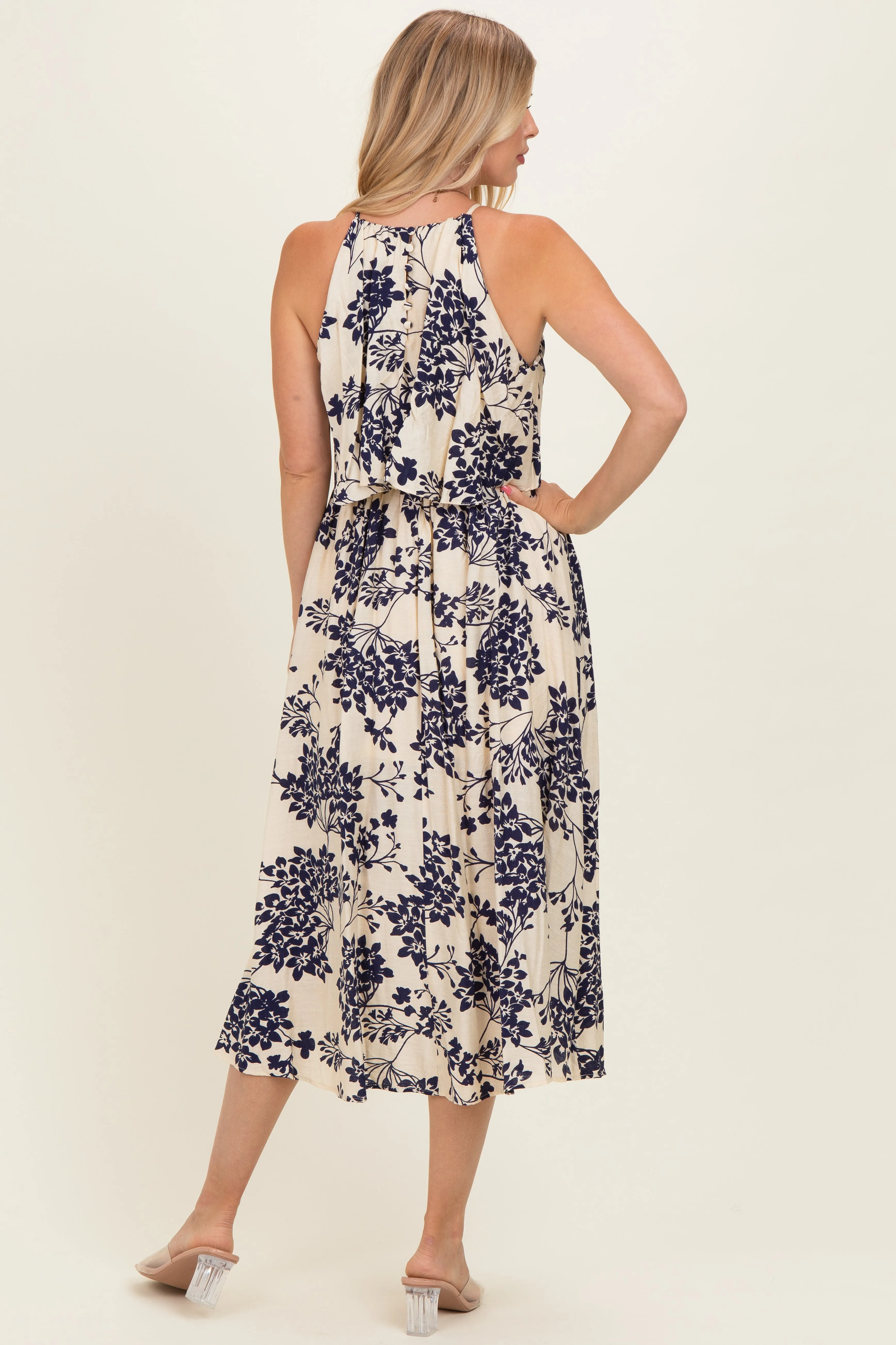 Navy Floral Flounce Halter Midi Dress sold by Pinkblush product image thumbnail 3