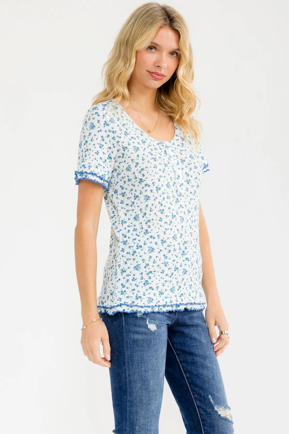 Blue Floral Ruffle Trim Henley Short Sleeve Top sold by Pinkblush product image thumbnail 2