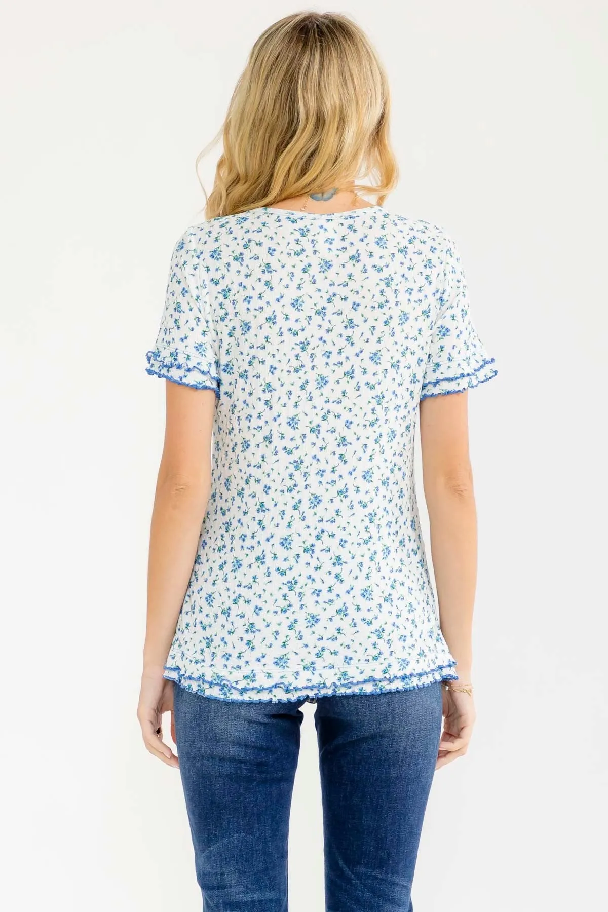 Blue Floral Ruffle Trim Henley Short Sleeve Top sold by Pinkblush product image thumbnail 3