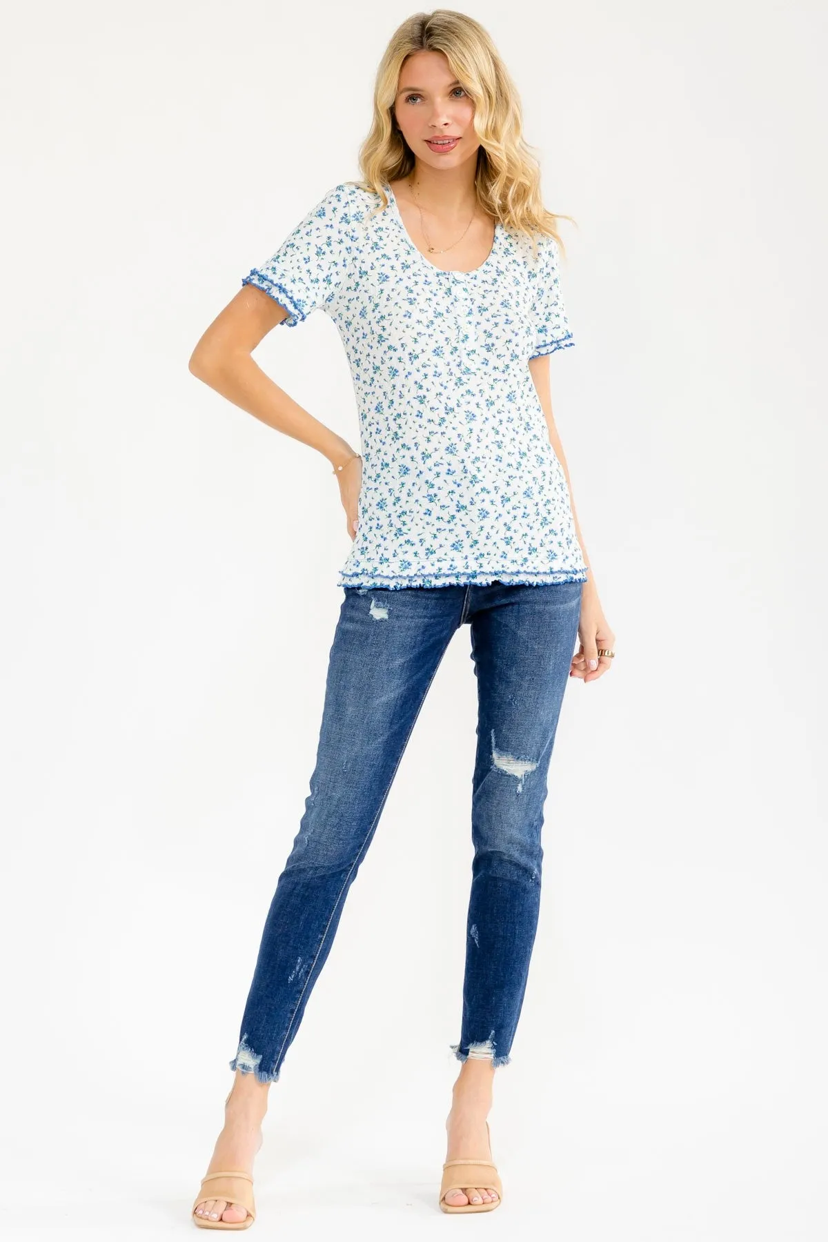 Blue Floral Ruffle Trim Henley Short Sleeve Top sold by Pinkblush product image thumbnail 4