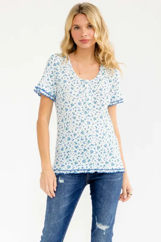Blue Floral Ruffle Trim Henley Short Sleeve Top made by Pinkblush