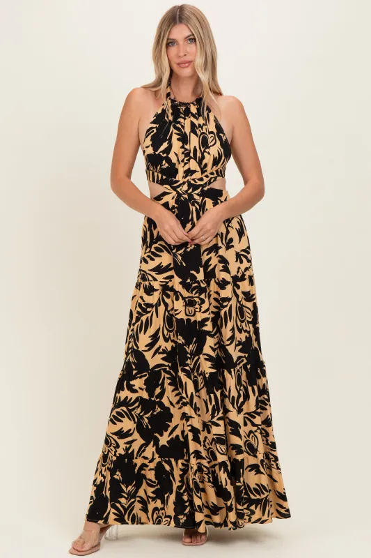 Black Floral Halter Cutout Open Back Maxi Dresses made by Pinkblush