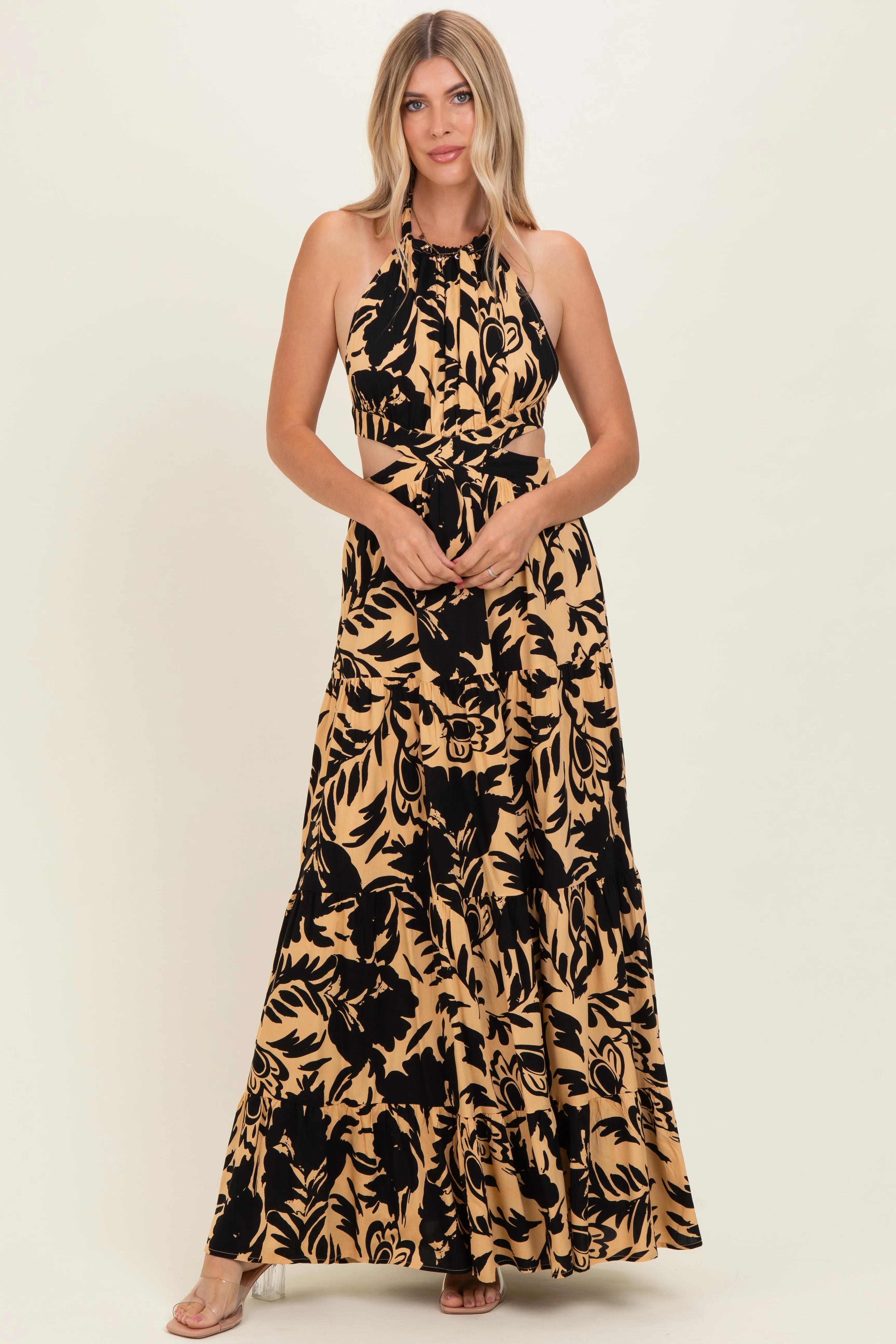 Black Floral Halter Cutout Open Back Maxi Dresses sold by Pinkblush
