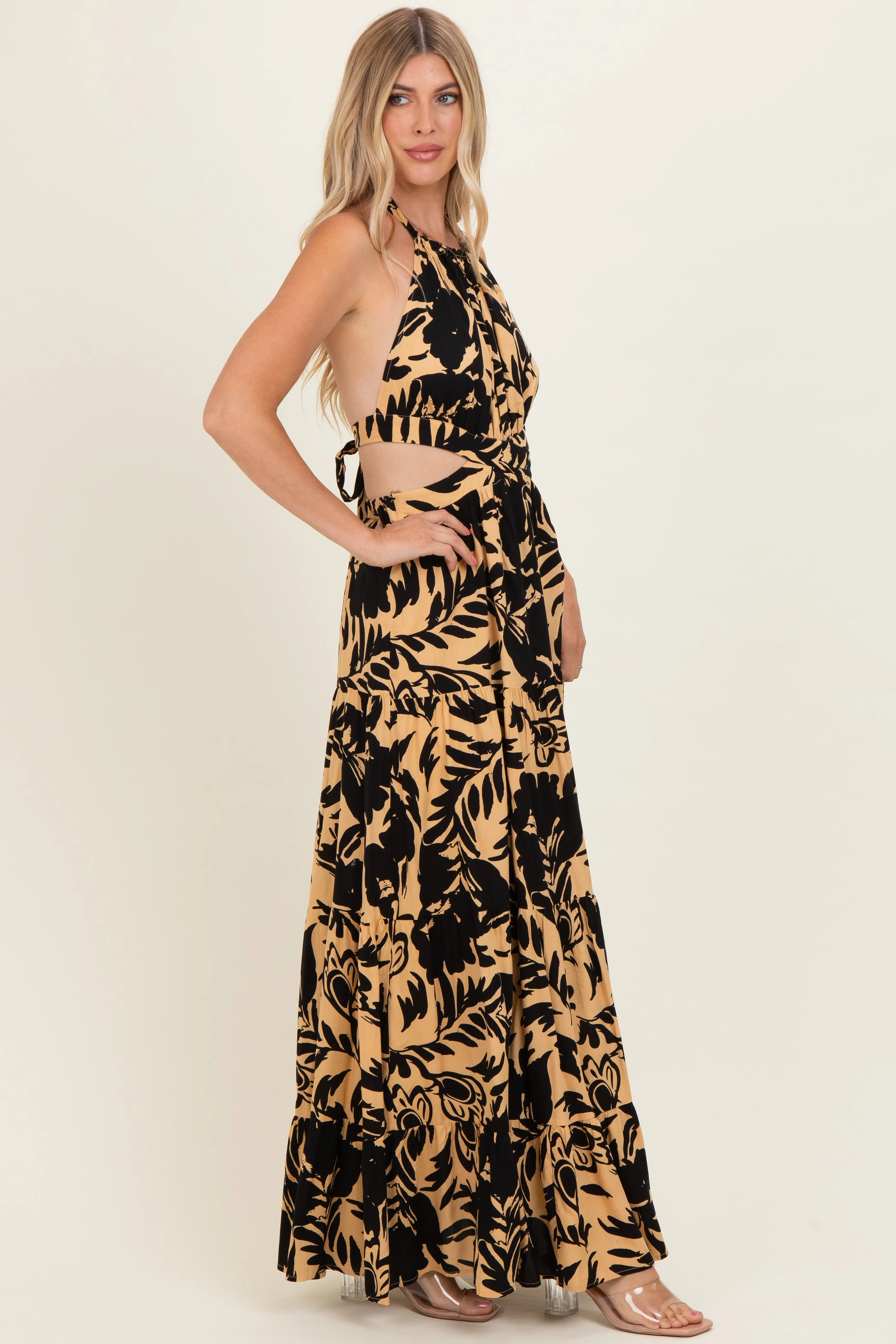Black Floral Halter Cutout Open Back Maxi Dresses sold by Pinkblush product image thumbnail 2
