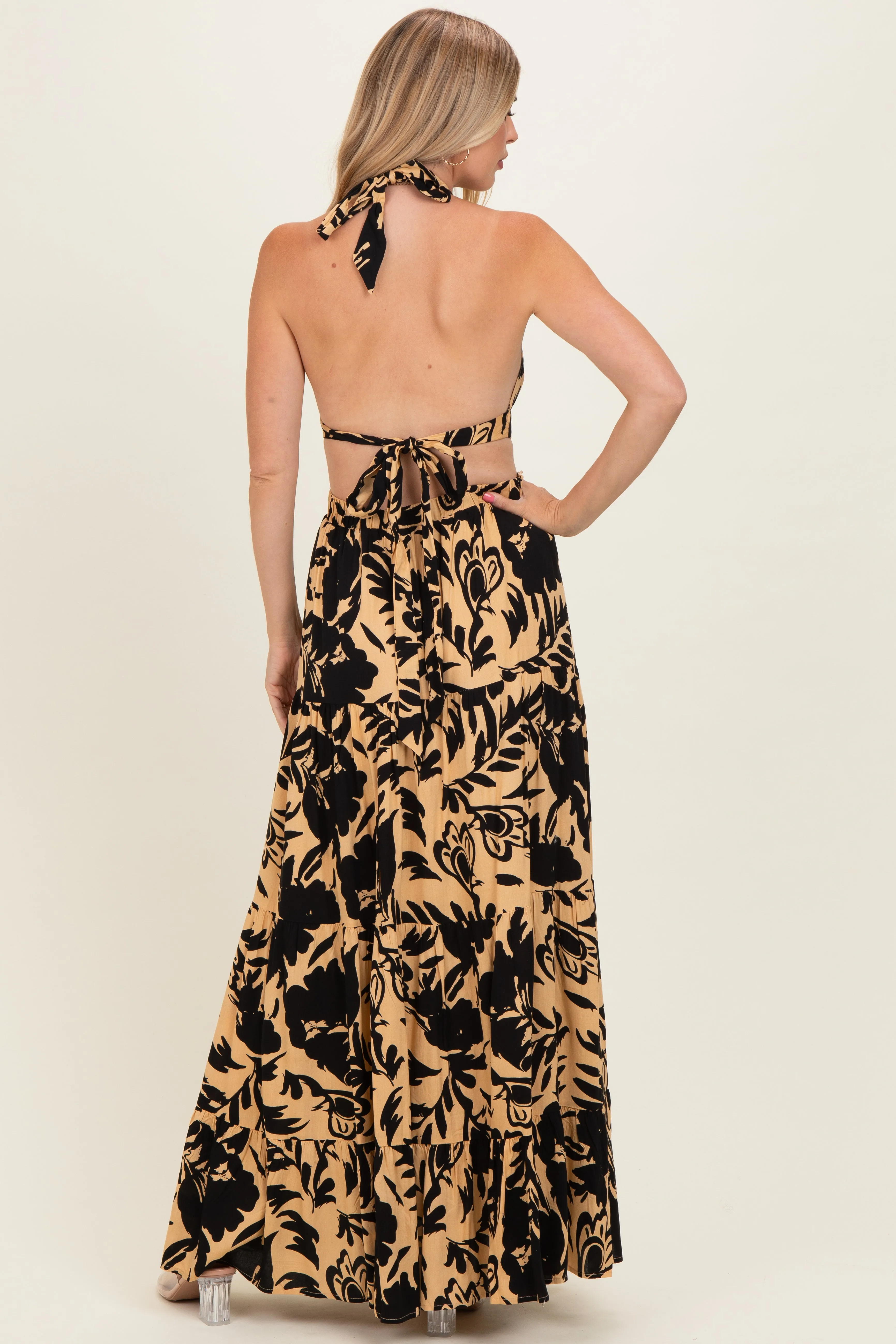 Black Floral Halter Cutout Open Back Maxi Dresses sold by Pinkblush product image thumbnail 3
