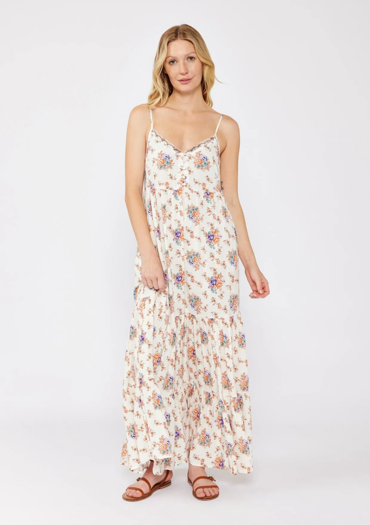 Natural Floral Tiered Button Up Maxi Dress sold by Pinkblush