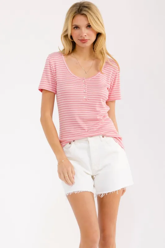 Pink Stripe Scoop Neck Henley Top made by Pinkblush