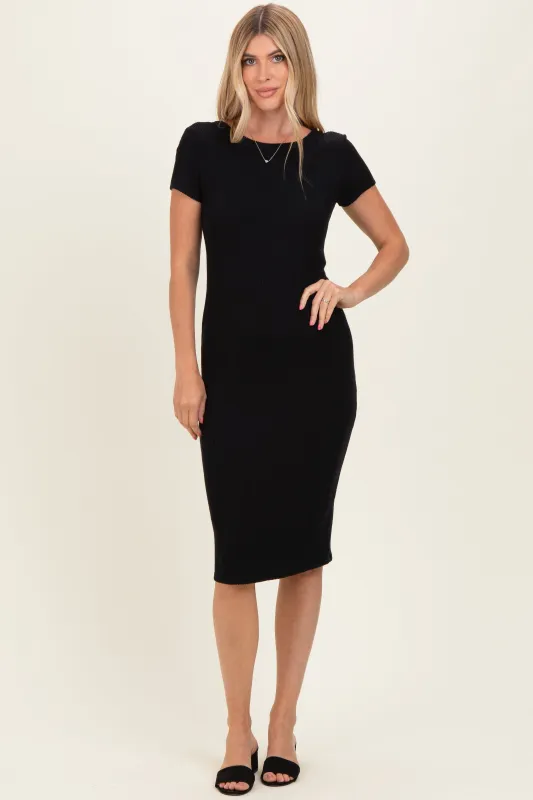 Black Ribbed Short Sleeve Midi Dress made by Hello MIZ