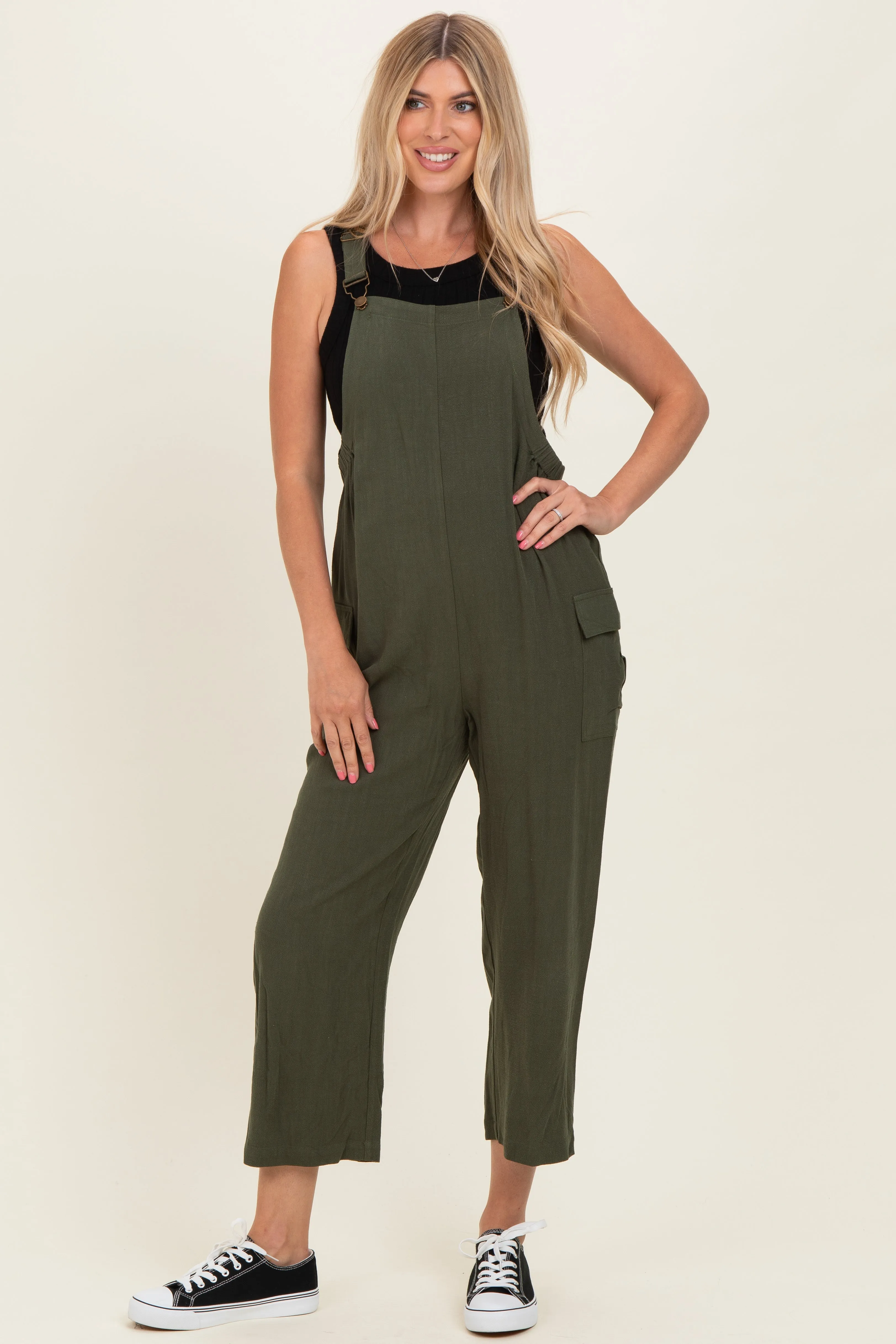 Olive Straight Leg Adjustable Overalls sold by Pinkblush
