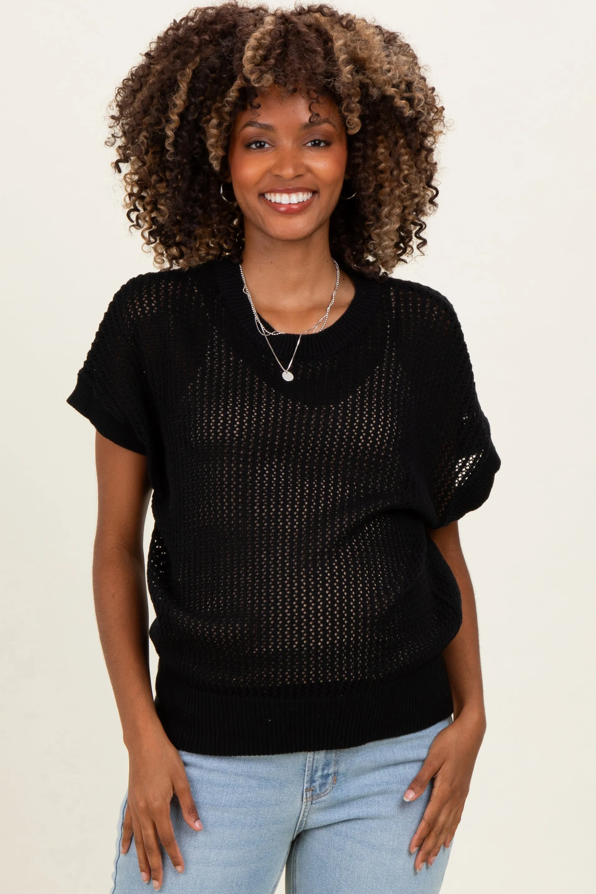Black Open-Knit Dolman Sleeve Maternity Top sold by Pinkblush