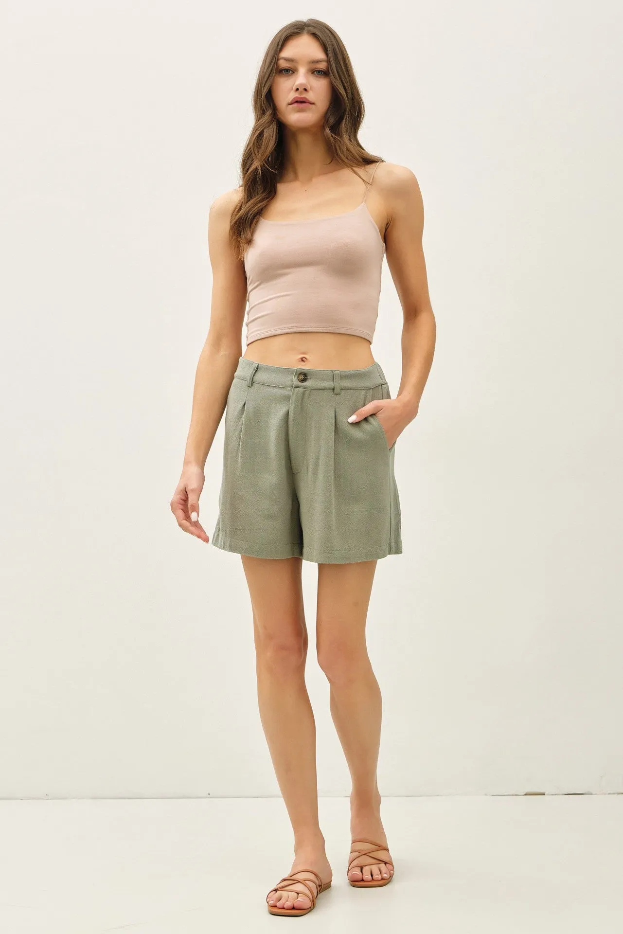 Dusty Spruce Linen Blend Shorts sold by Pinkblush