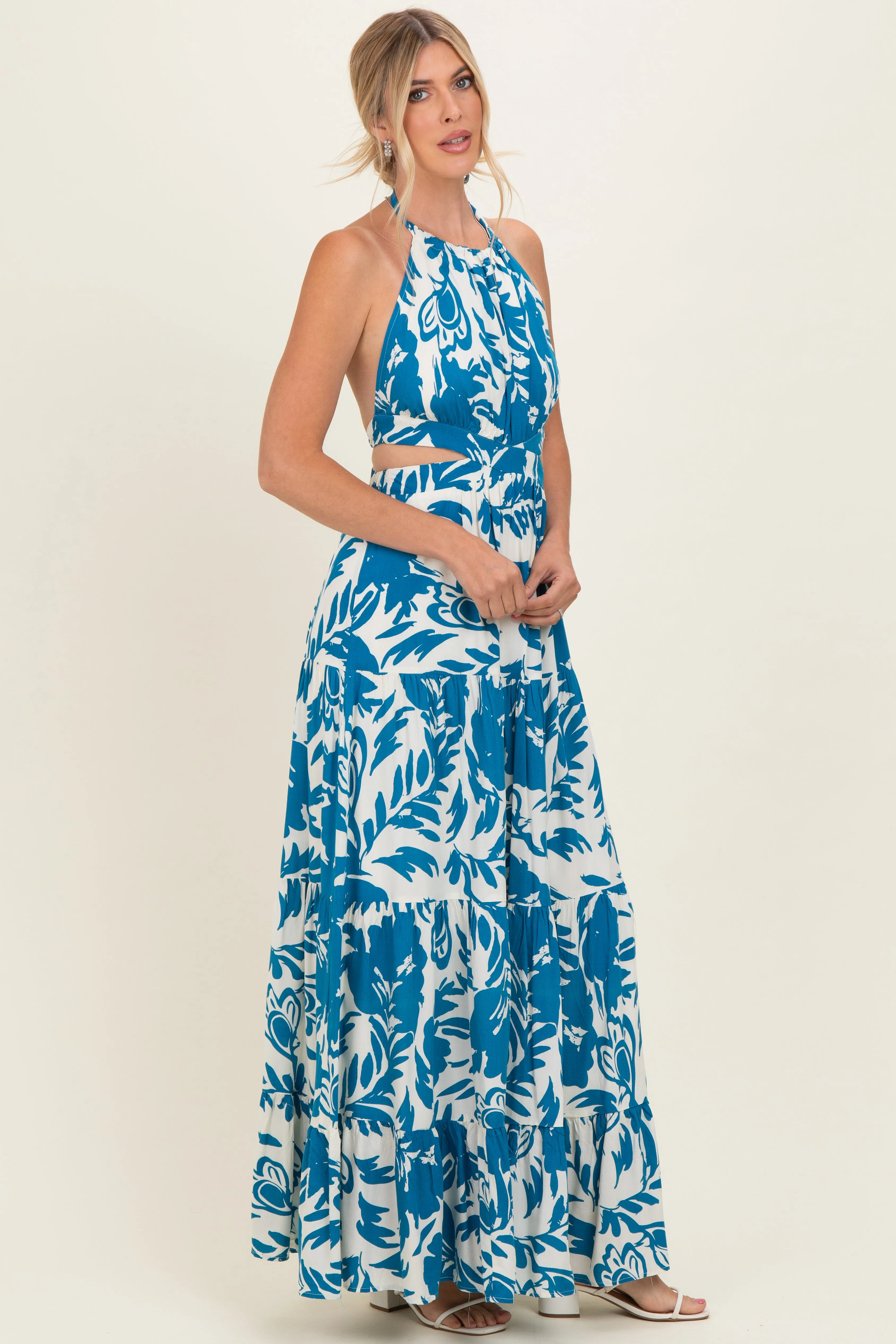 Blue Floral Halter Cutout Open Back Maxi Dresses sold by Pinkblush product image thumbnail 2