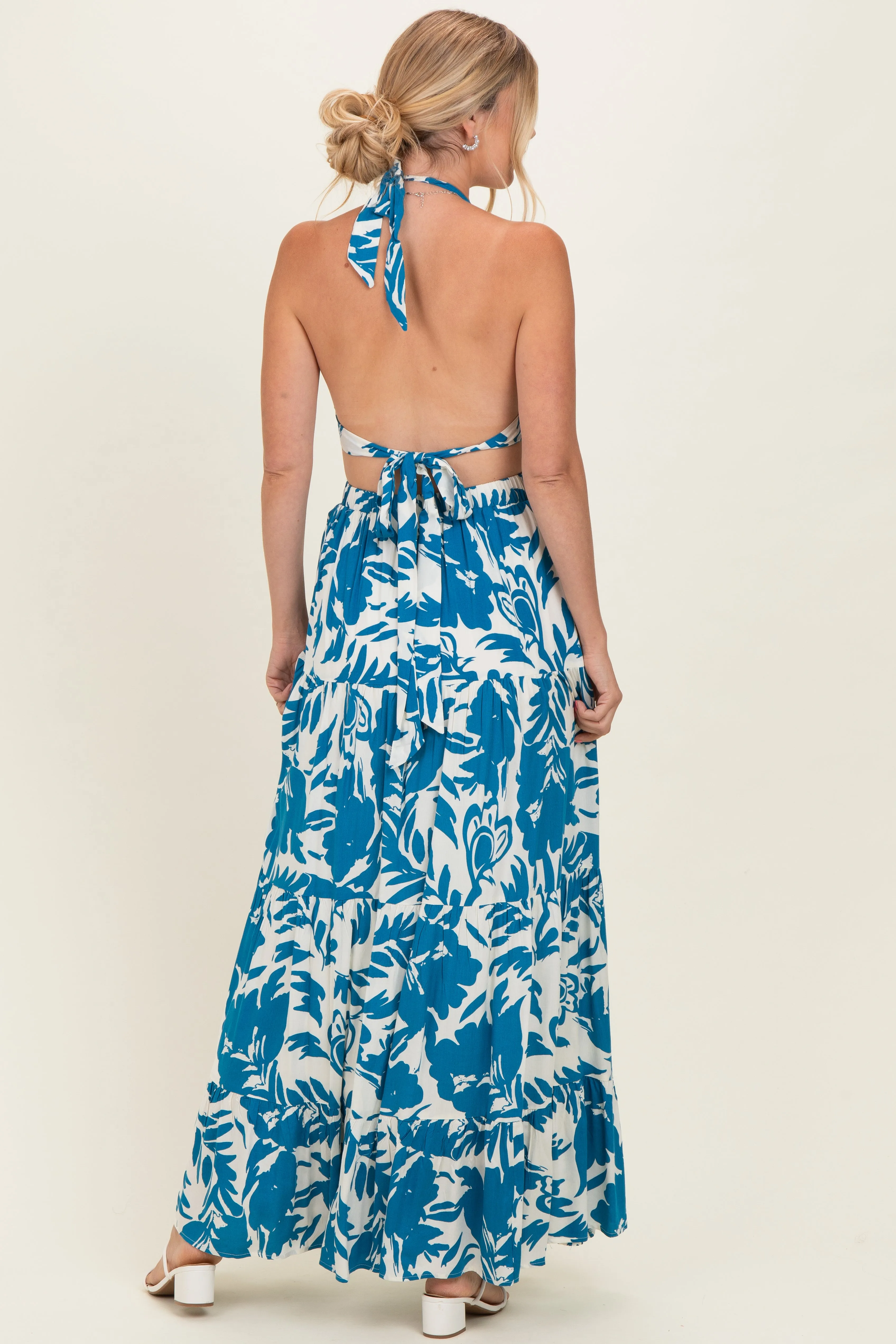 Blue Floral Halter Cutout Open Back Maxi Dresses sold by Pinkblush product image thumbnail 3