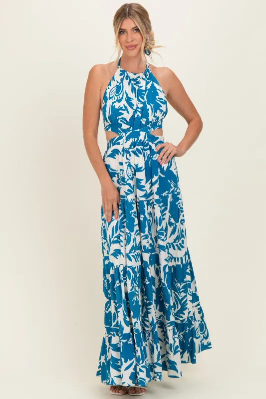 Blue Floral Halter Cutout Open Back Maxi Dresses made by Pinkblush