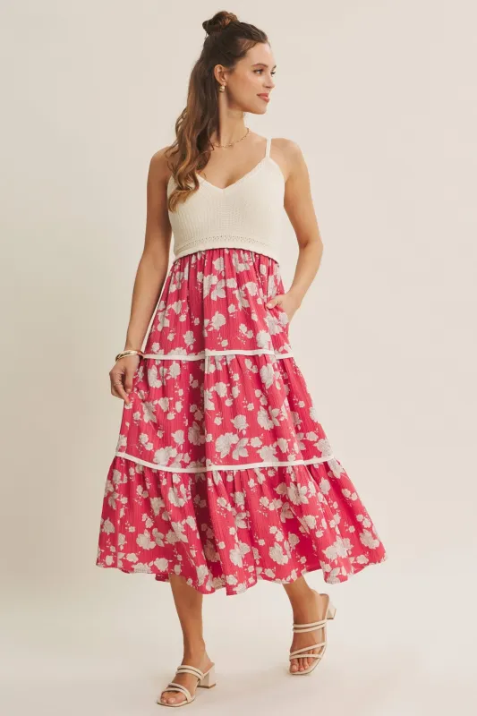 Cherry Red Floral Crochet Knit Top Floral Skirt Dress made by In February