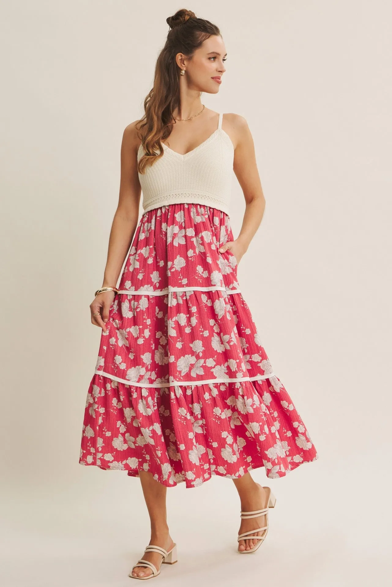 Cherry Red Floral Crochet Knit Top Floral Skirt Dress sold by Pinkblush