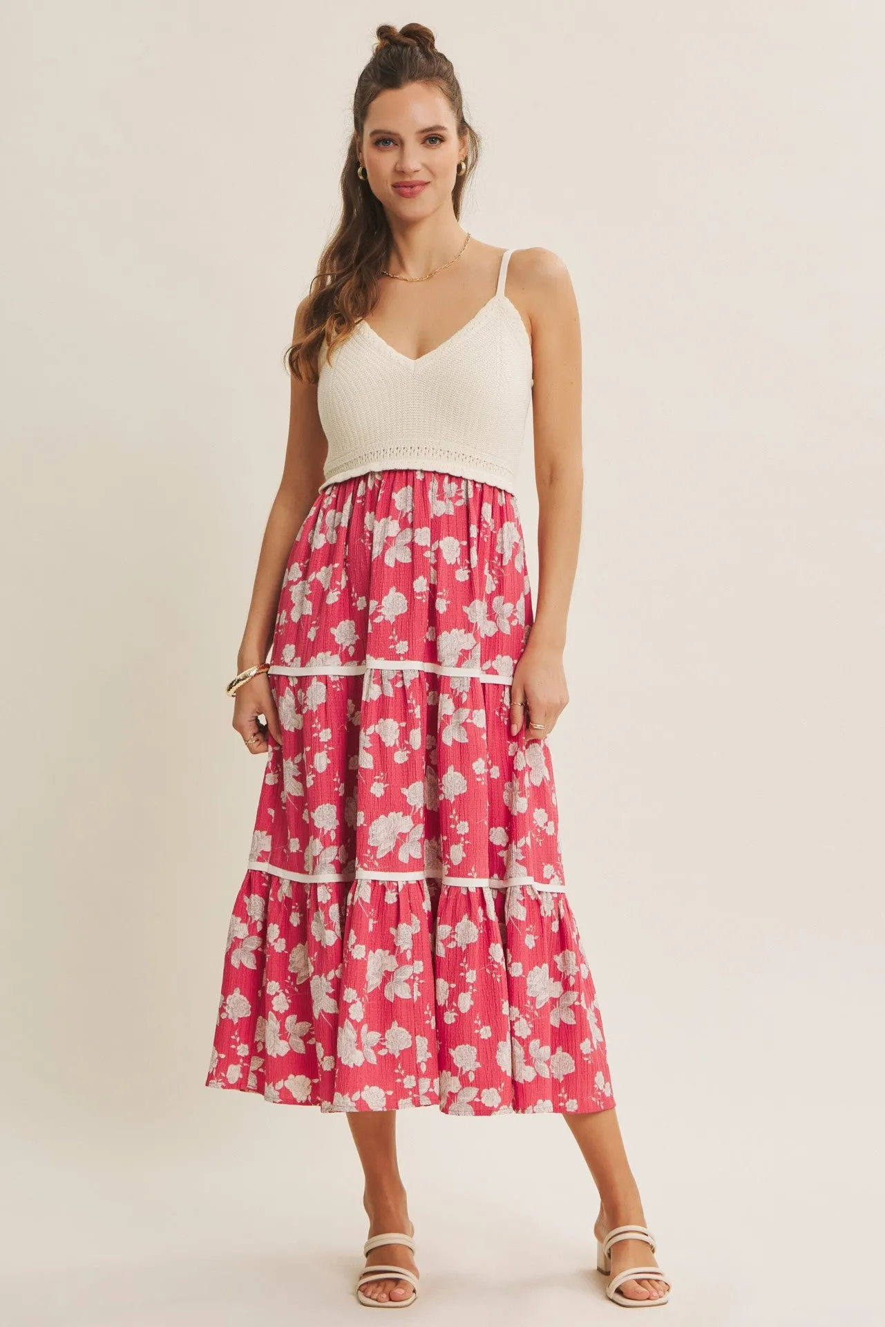 Cherry Red Floral Crochet Knit Top Floral Skirt Dress sold by Pinkblush product image thumbnail 2