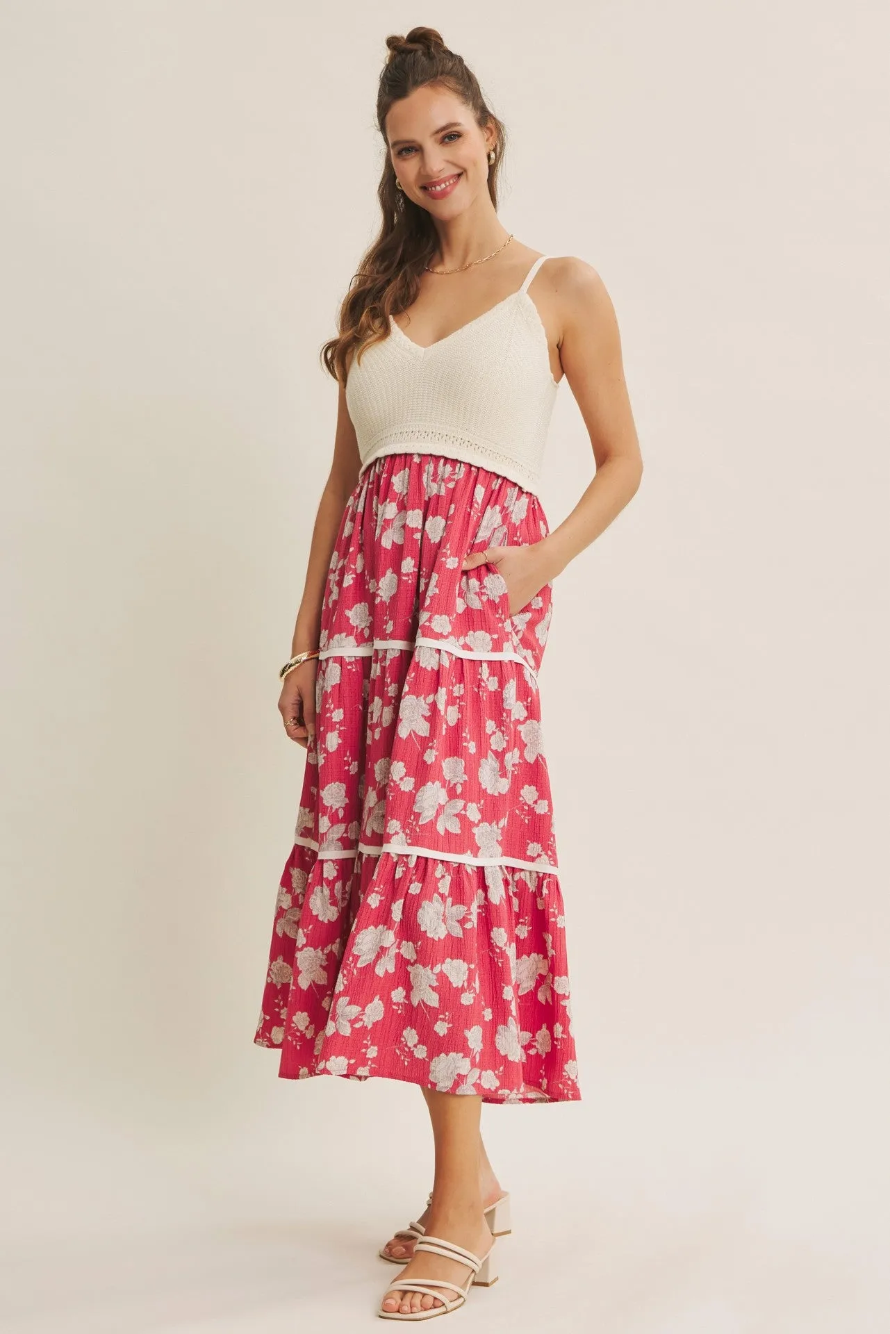 Cherry Red Floral Crochet Knit Top Floral Skirt Dress sold by Pinkblush product image thumbnail 3