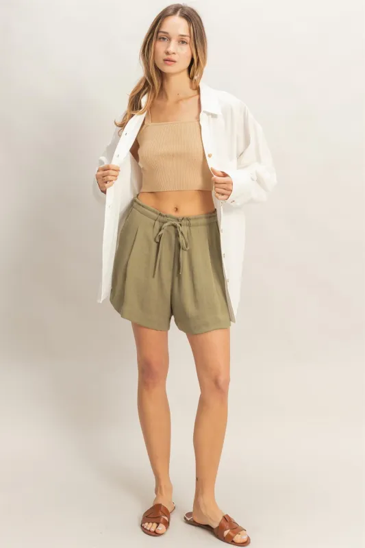 Olive Drawstring Pleated Shorts made by HYFVE