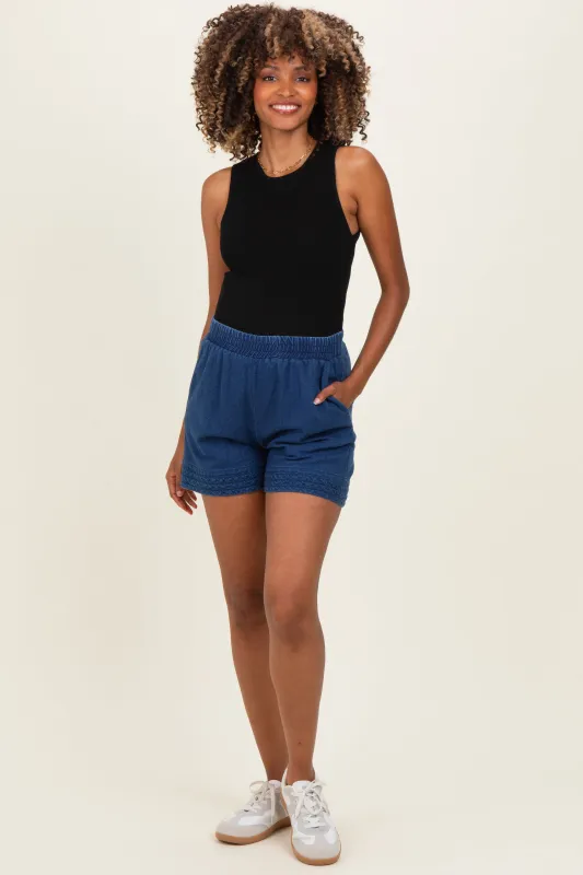 Navy Embroidered Trim Maternity Shorts made by entro