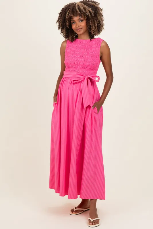Pink Textured Tie Maternity Midi Dress made by Flying Tomato