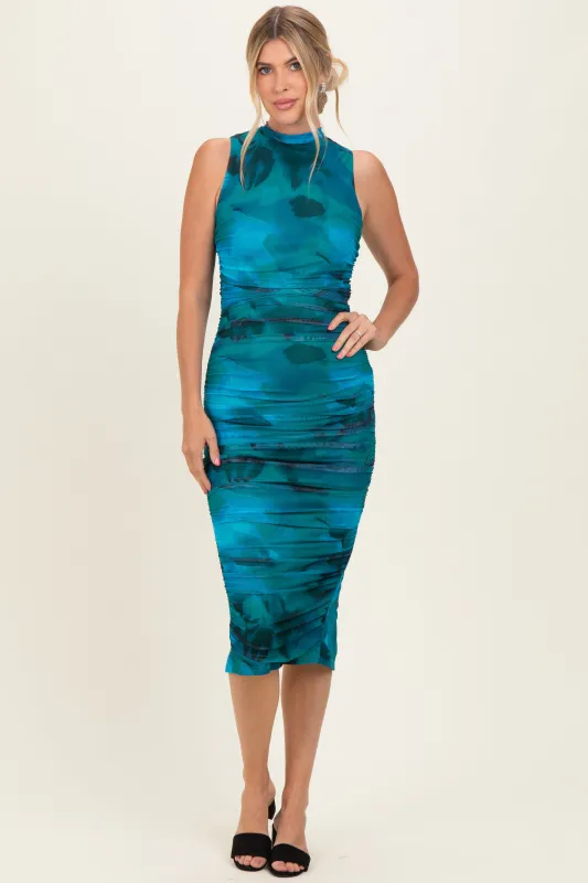 Turquoise Floral Mock Neck Ruched Midi Dress made by privy