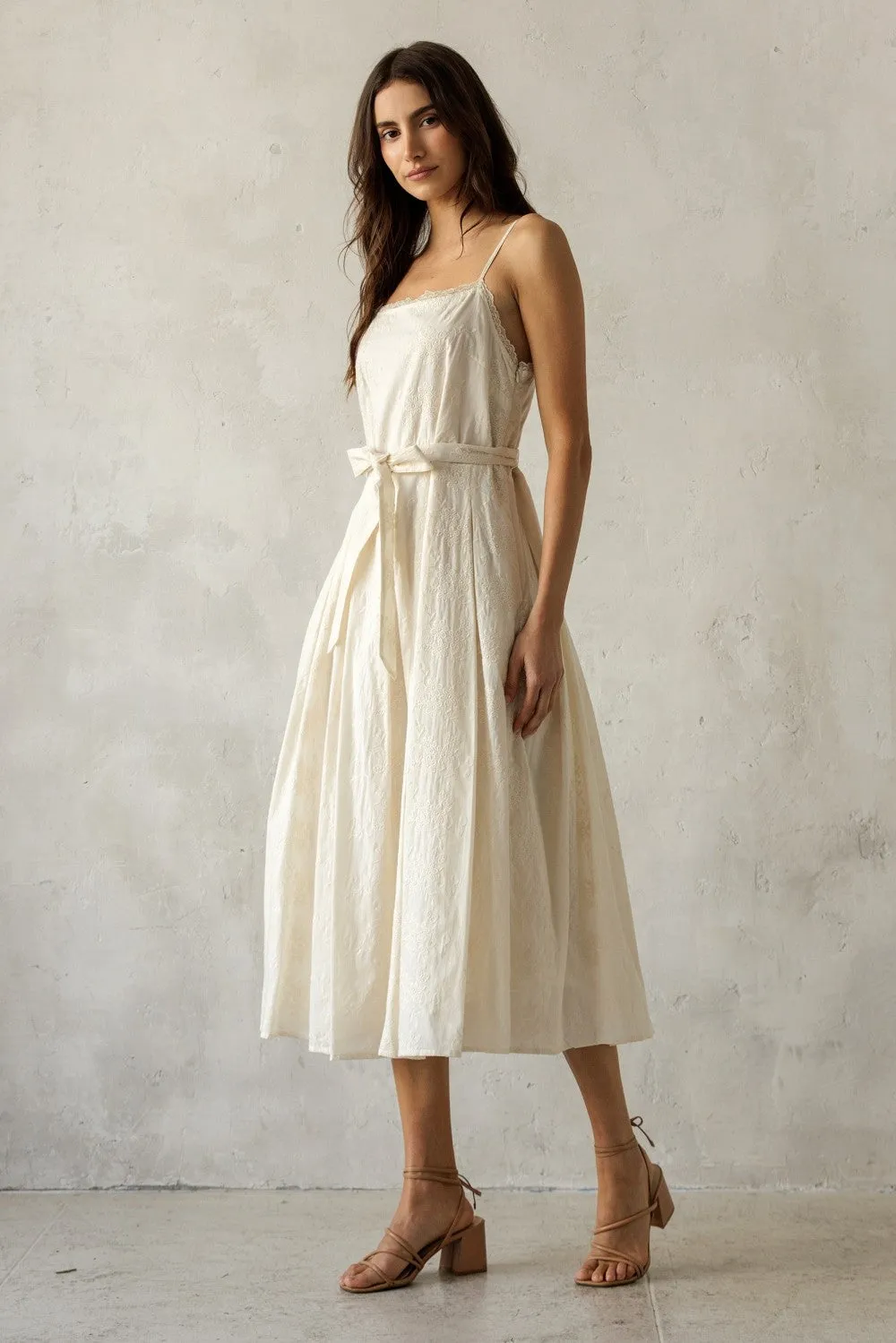 Cream Embroidered Tie Waist Midi Dress sold by Pinkblush product image thumbnail 3