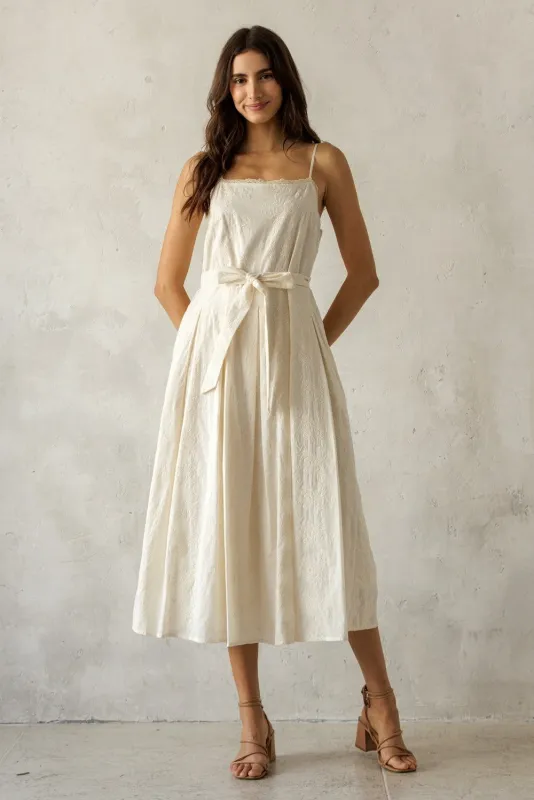 Cream Embroidered Tie Waist Midi Dress made by Storia