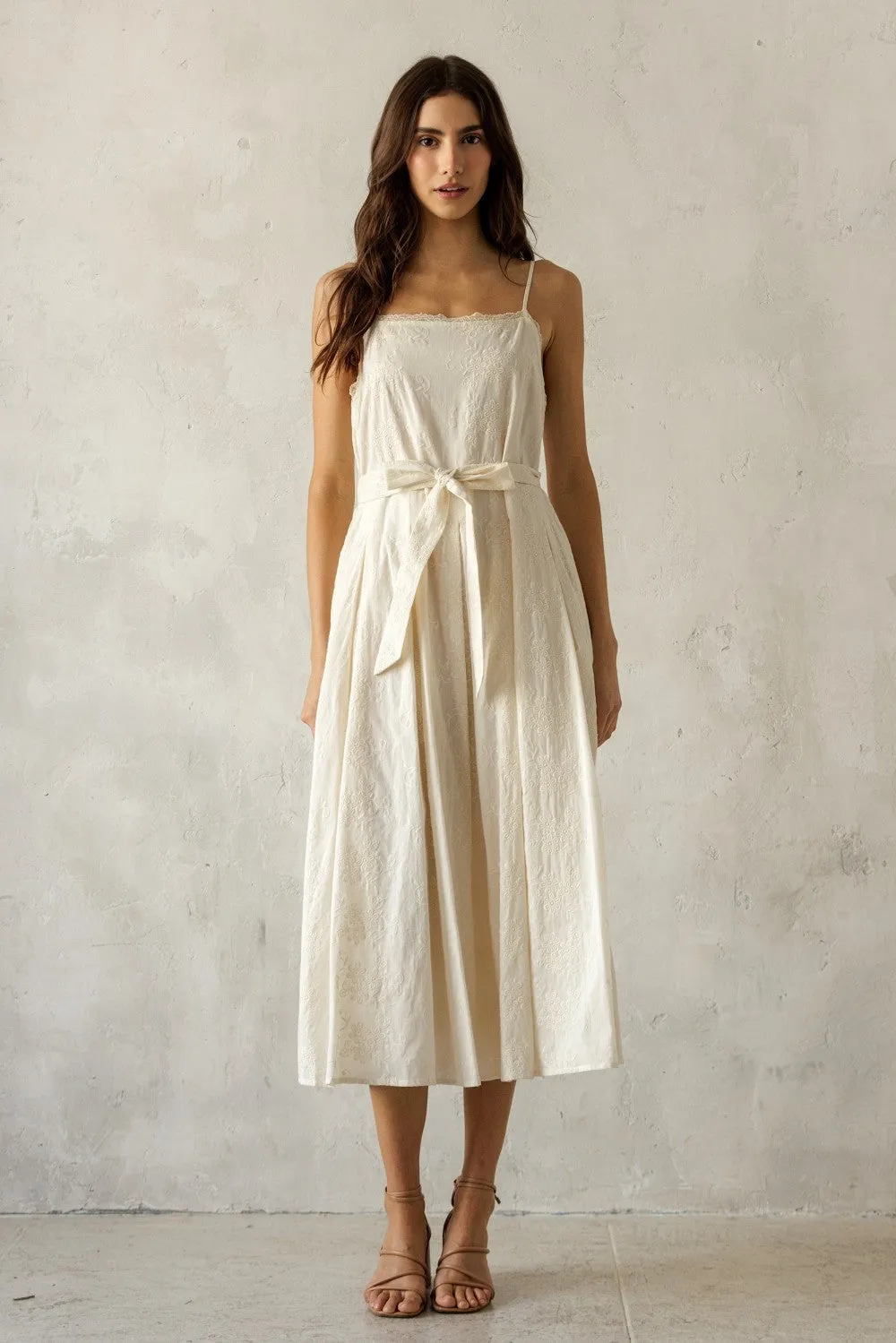 Cream Embroidered Tie Waist Midi Dress sold by Pinkblush product image thumbnail 2