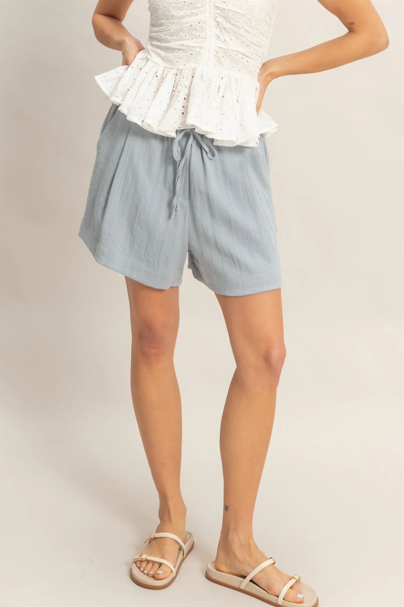 Light Blue Drawstring Pleated Shorts sold by Pinkblush product image thumbnail 5