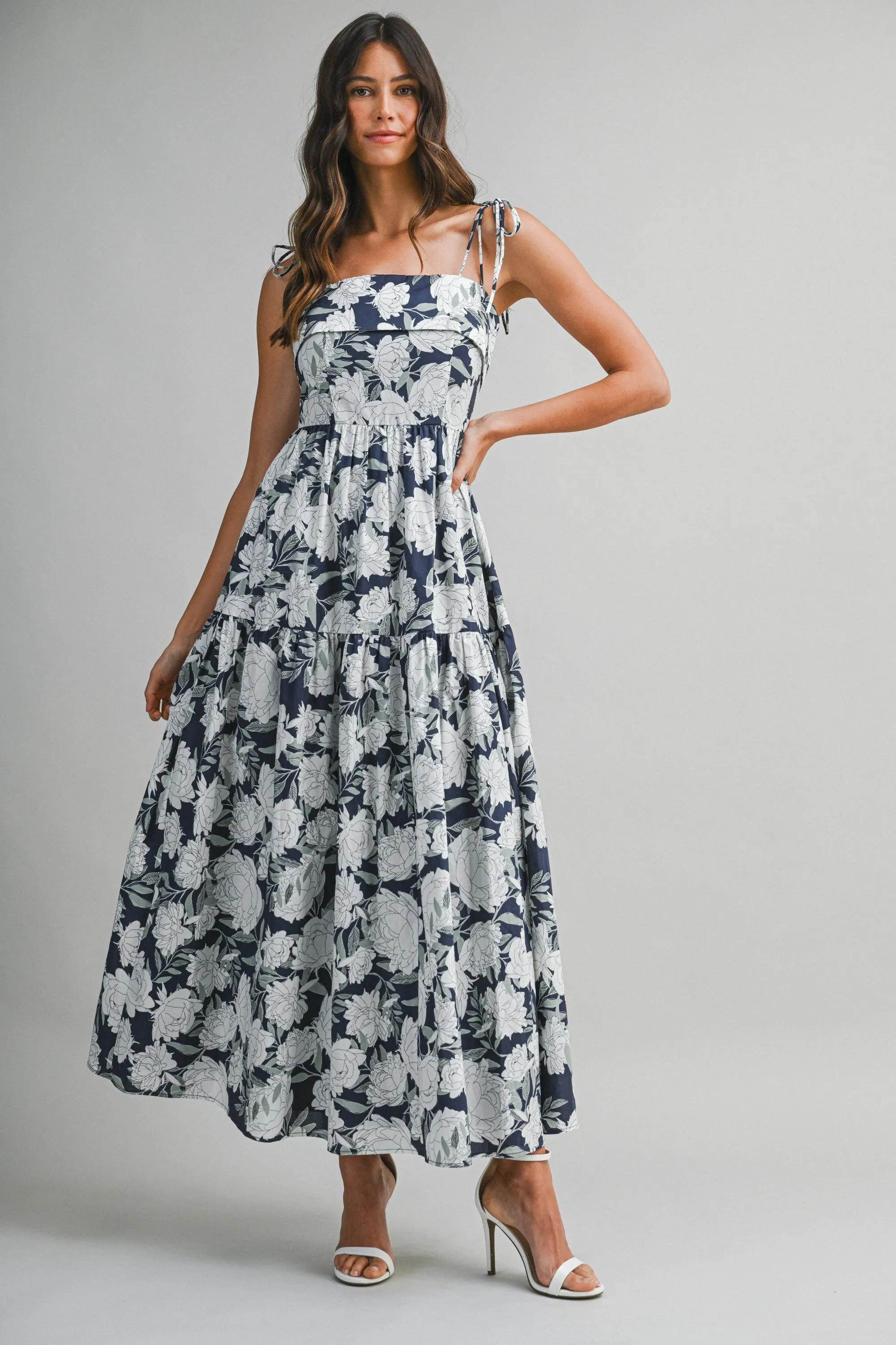 Navy Floral Shoulder Tie Tiered Maxi Dress sold by Pinkblush