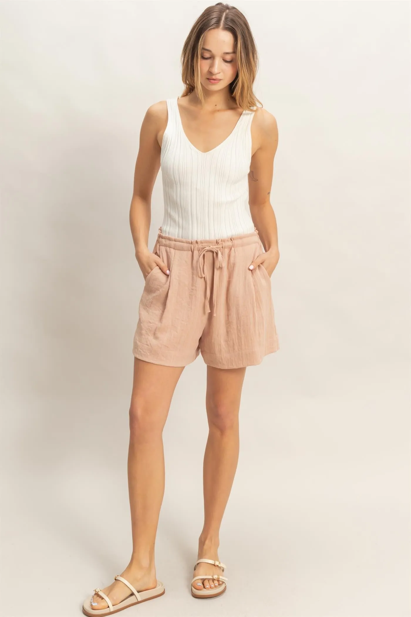 Peach Drawstring Pleated Shorts sold by Pinkblush
