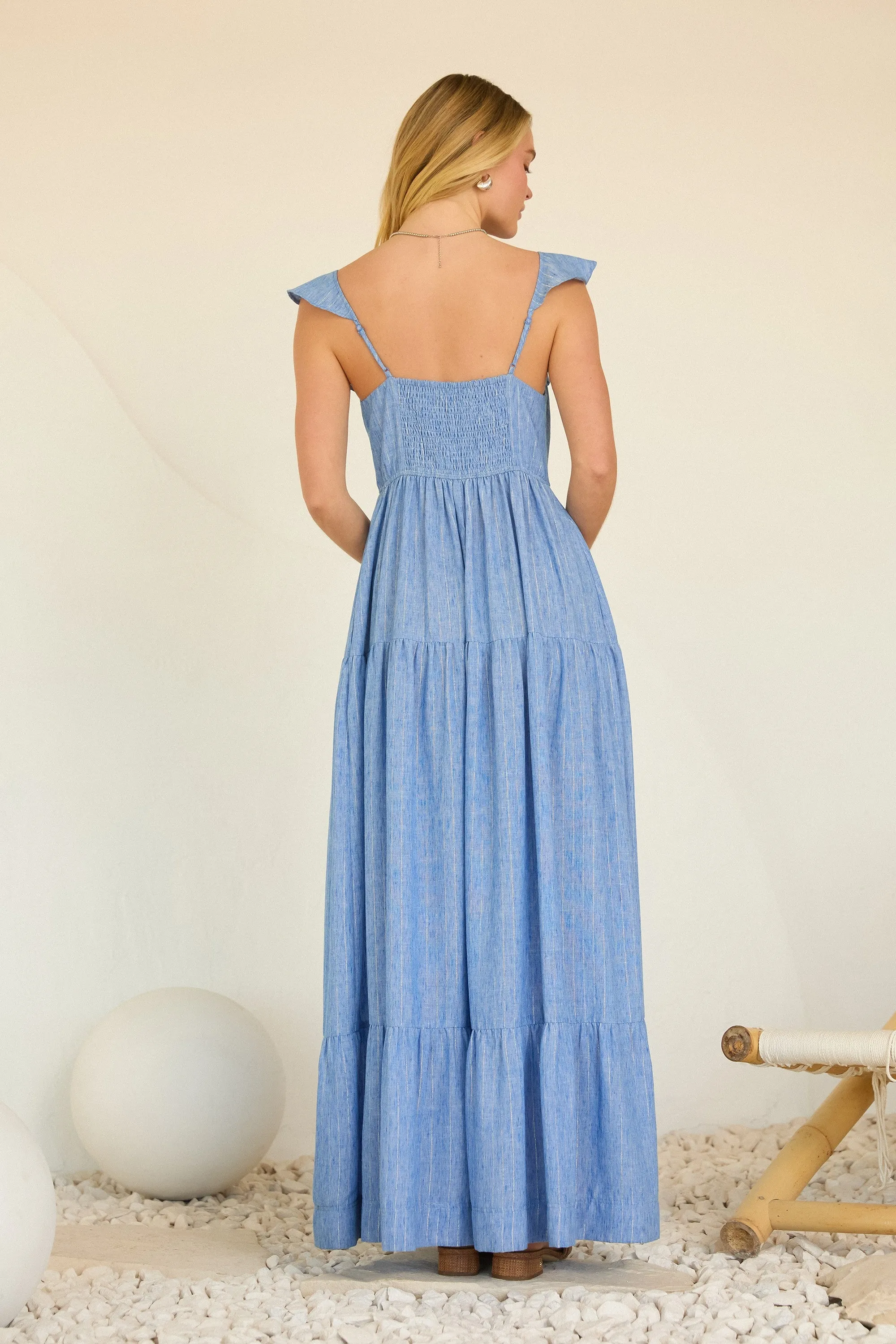 Blue Striped Flounce Neckline Button Down Maxi Dress sold by Pinkblush product image thumbnail 3