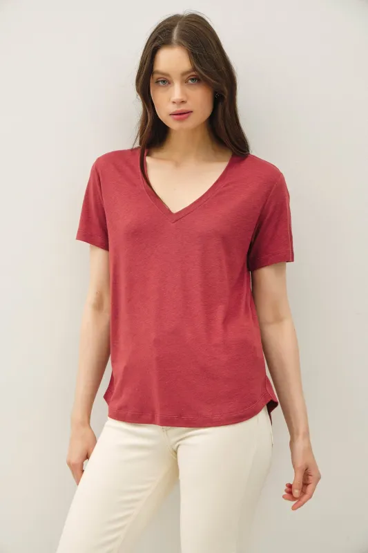 Wine Linen Blend V-Neck Short Sleeve T-Shirt made by BE COOL