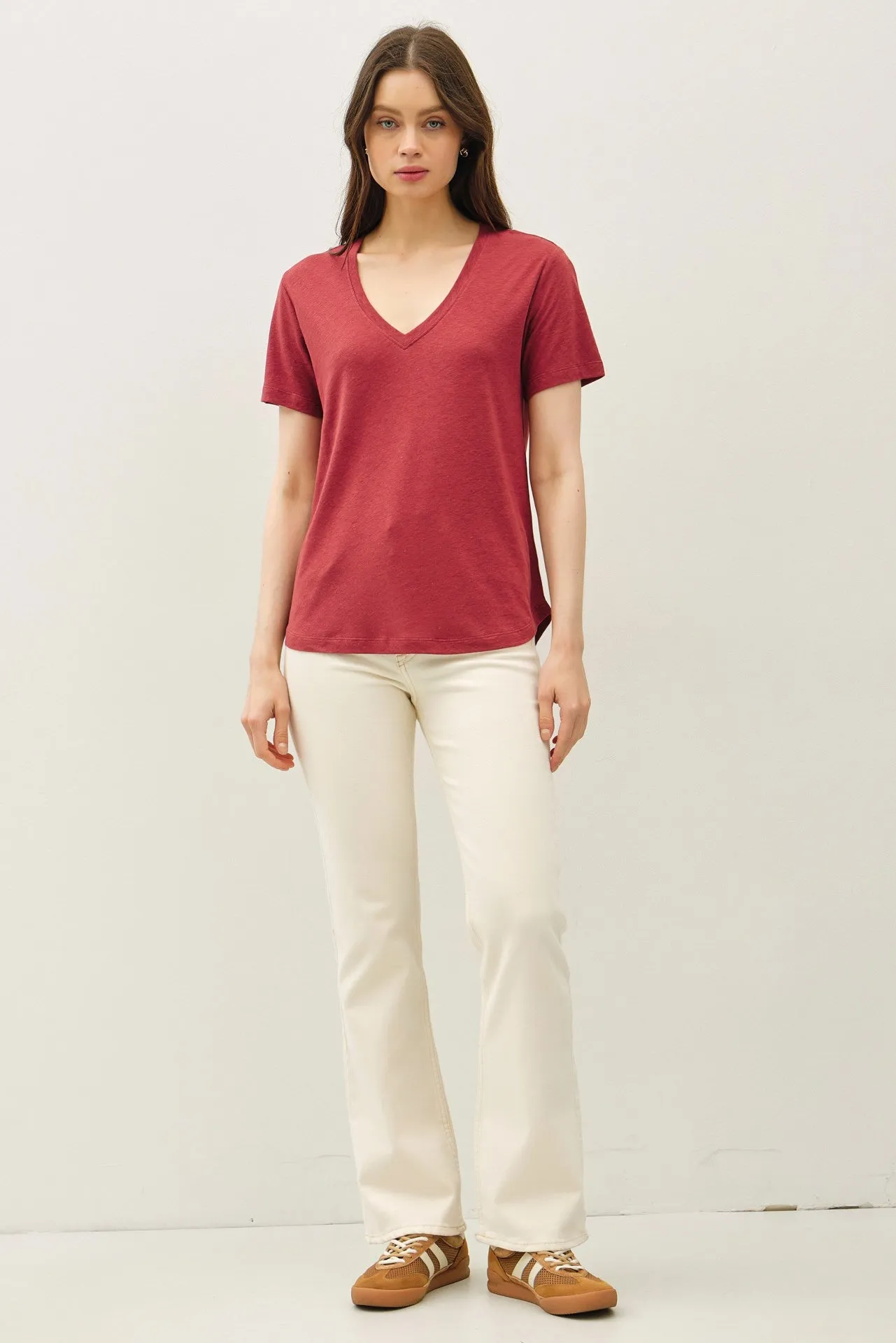 Wine Linen Blend V-Neck Short Sleeve T-Shirt sold by Pinkblush product image thumbnail 2