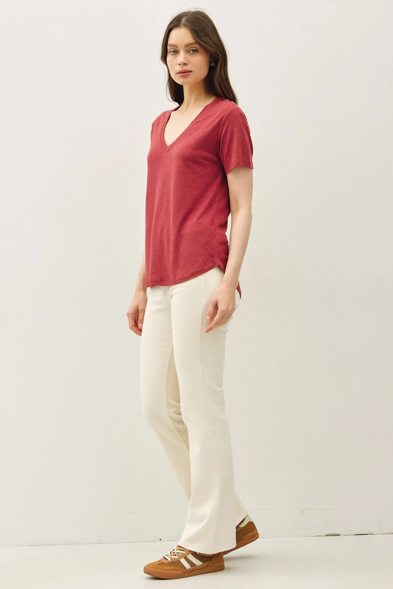 Wine Linen Blend V-Neck Short Sleeve T-Shirt sold by Pinkblush product image thumbnail 3
