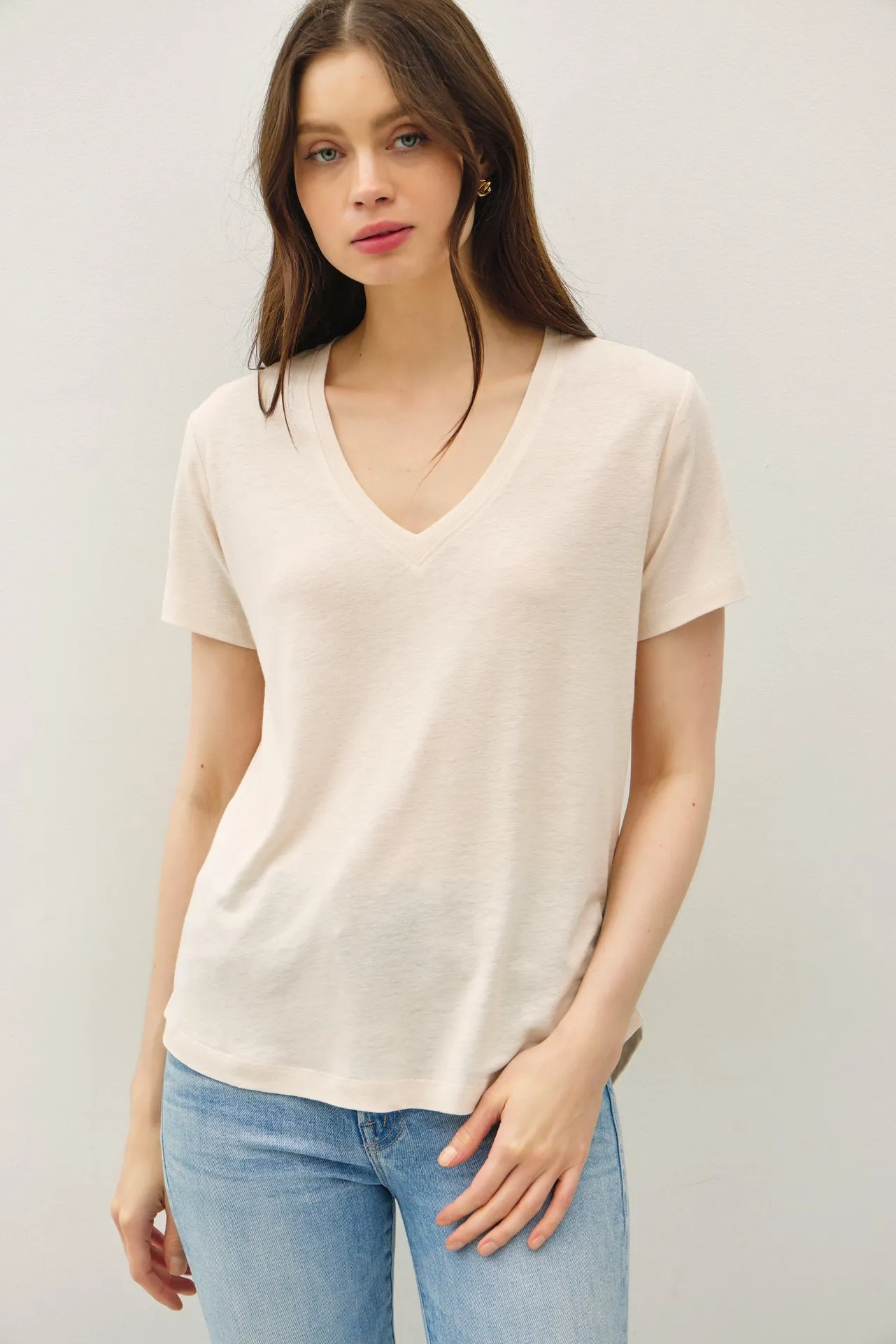 Natural Linen Blend V-Neck Short Sleeve T-Shirt sold by Pinkblush