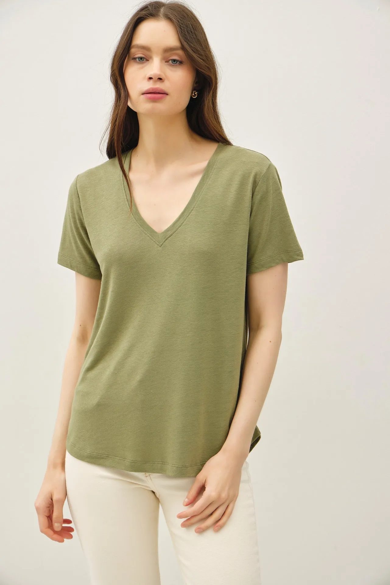 Fern Linen Blend V-Neck Short Sleeve T-Shirt sold by Pinkblush