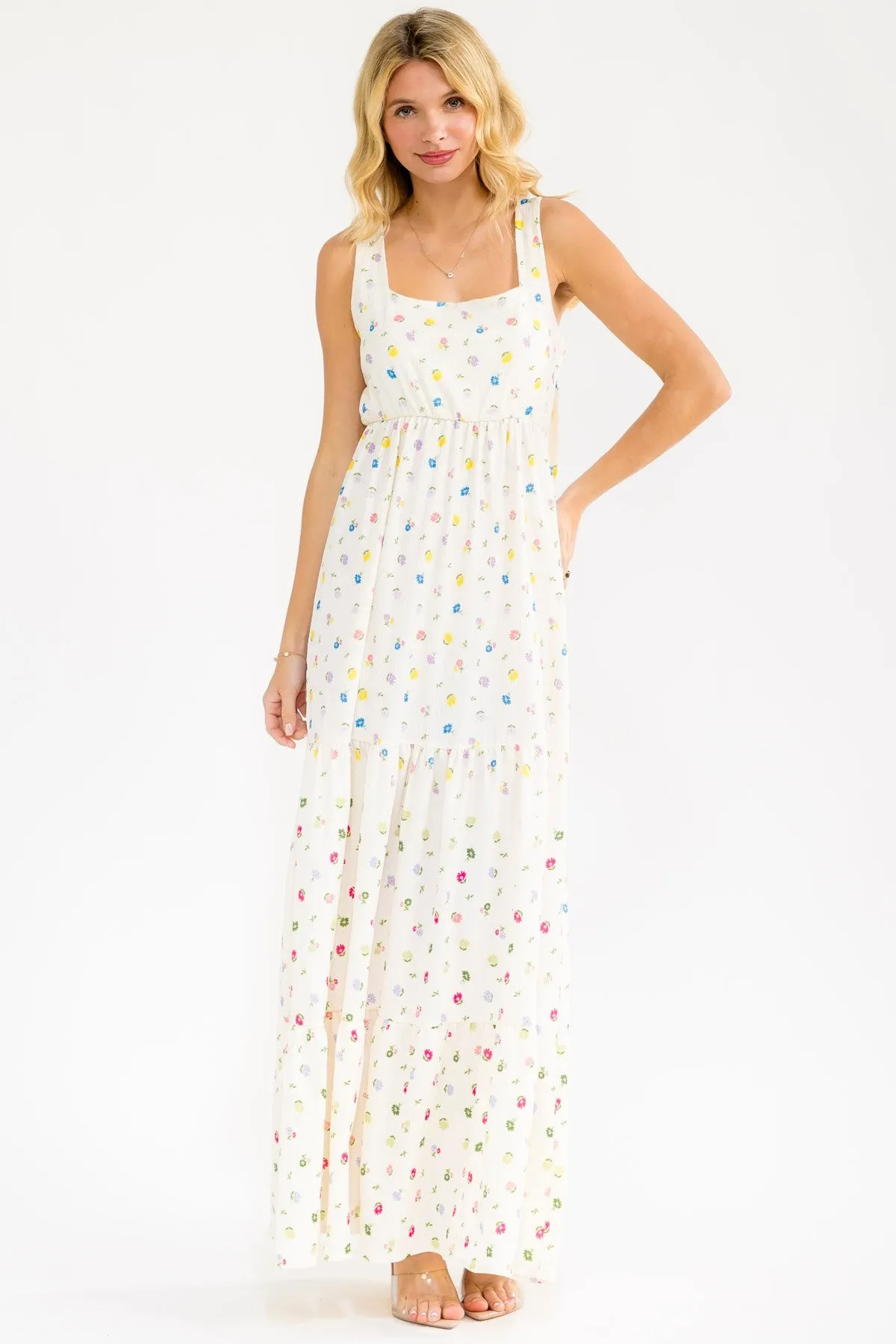 Ivory Floral Tiered Shoulder Tie Maxi Dress sold by Pinkblush product image thumbnail 2