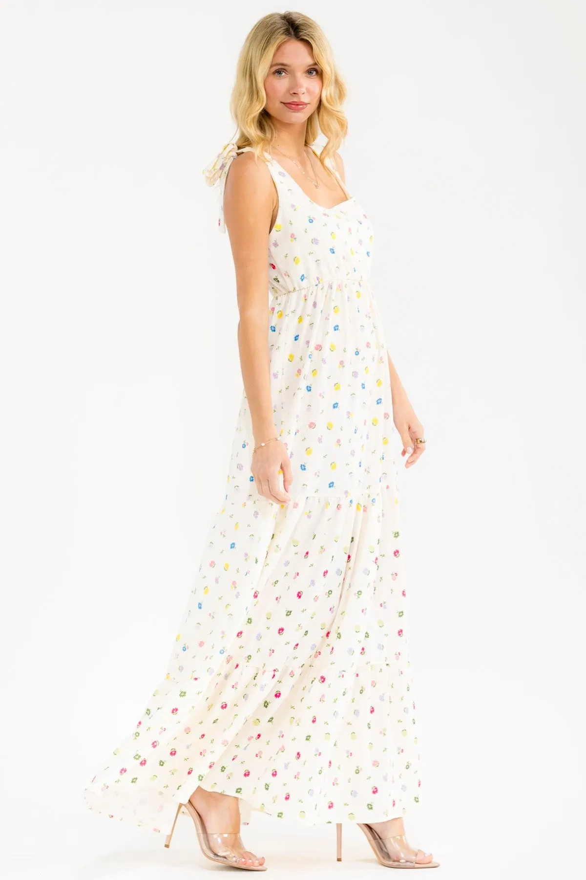 Ivory Floral Tiered Shoulder Tie Maxi Dress sold by Pinkblush product image thumbnail 3