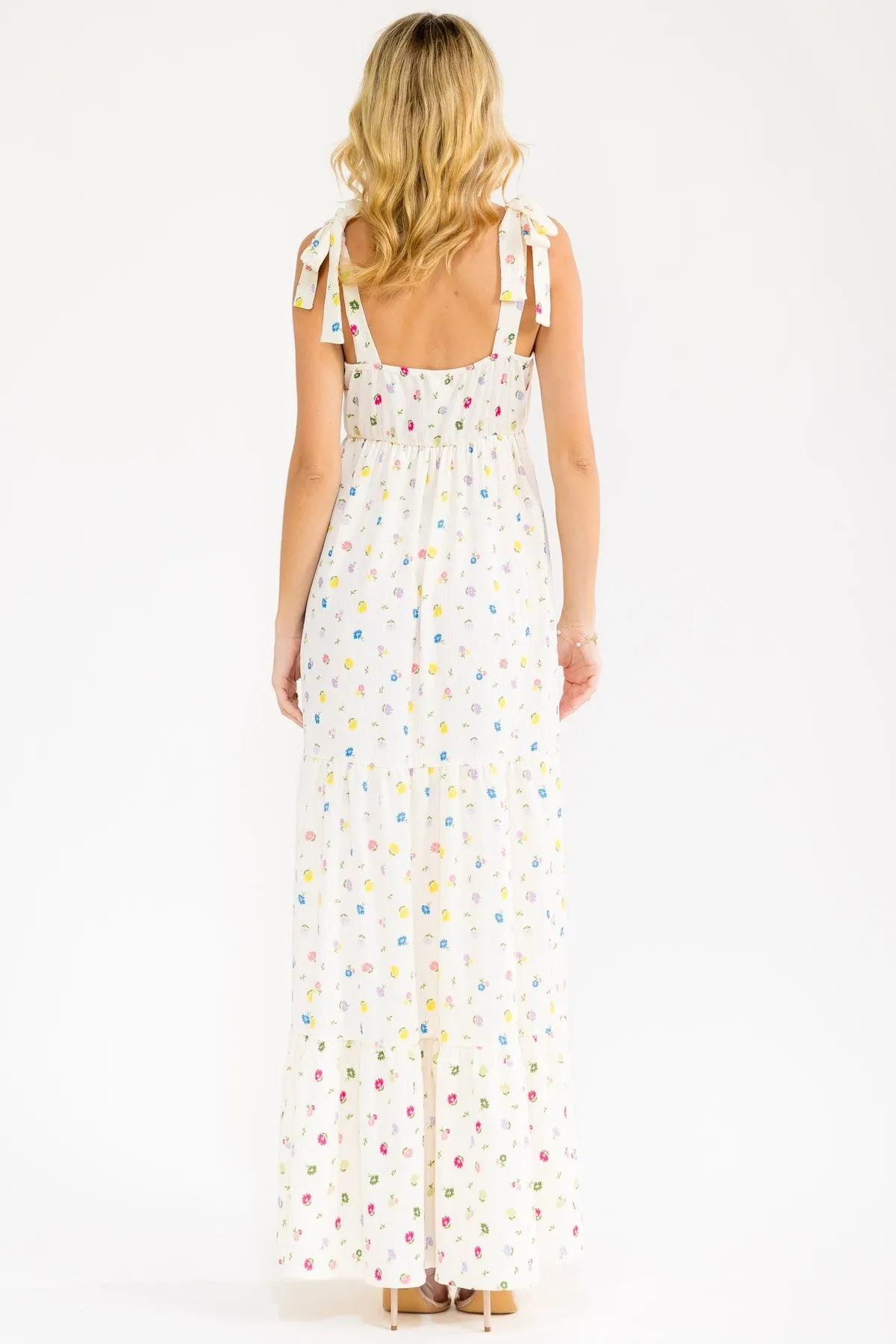 Ivory Floral Tiered Shoulder Tie Maxi Dress sold by Pinkblush product image thumbnail 4