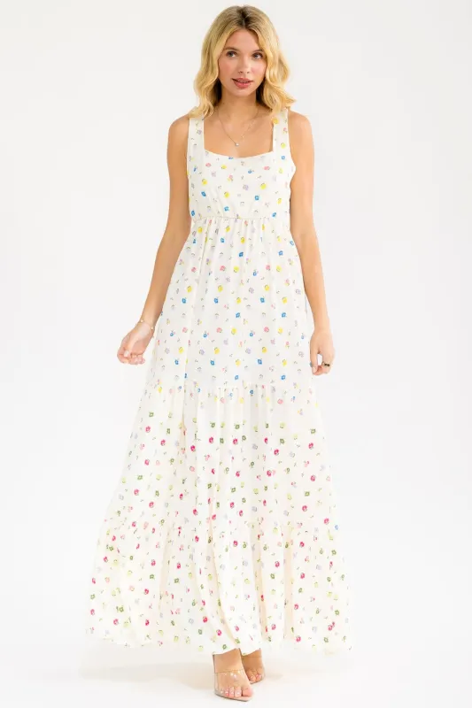 Ivory Floral Tiered Shoulder Tie Maxi Dress made by Pinkblush