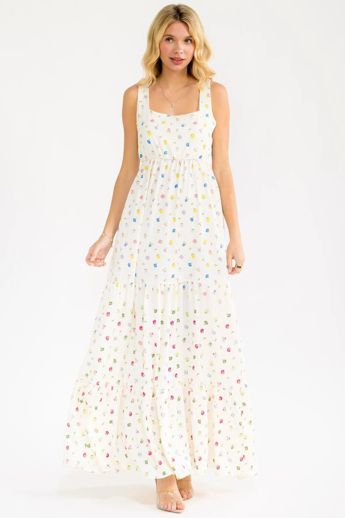 Ivory Floral Tiered Shoulder Tie Maxi Dress sold by Pinkblush