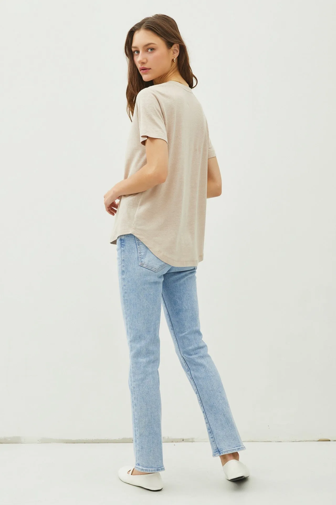 Khaki Linen Blend V-Neck Short Sleeve T-Shirt sold by Pinkblush product image thumbnail 3
