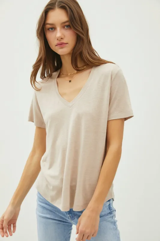 Khaki Linen Blend V-Neck Short Sleeve T-Shirt made by BE COOL